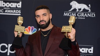 US rapper Drake poses in the press room during the 2019 Billboard Music Awards at the MGM Grand Gard...