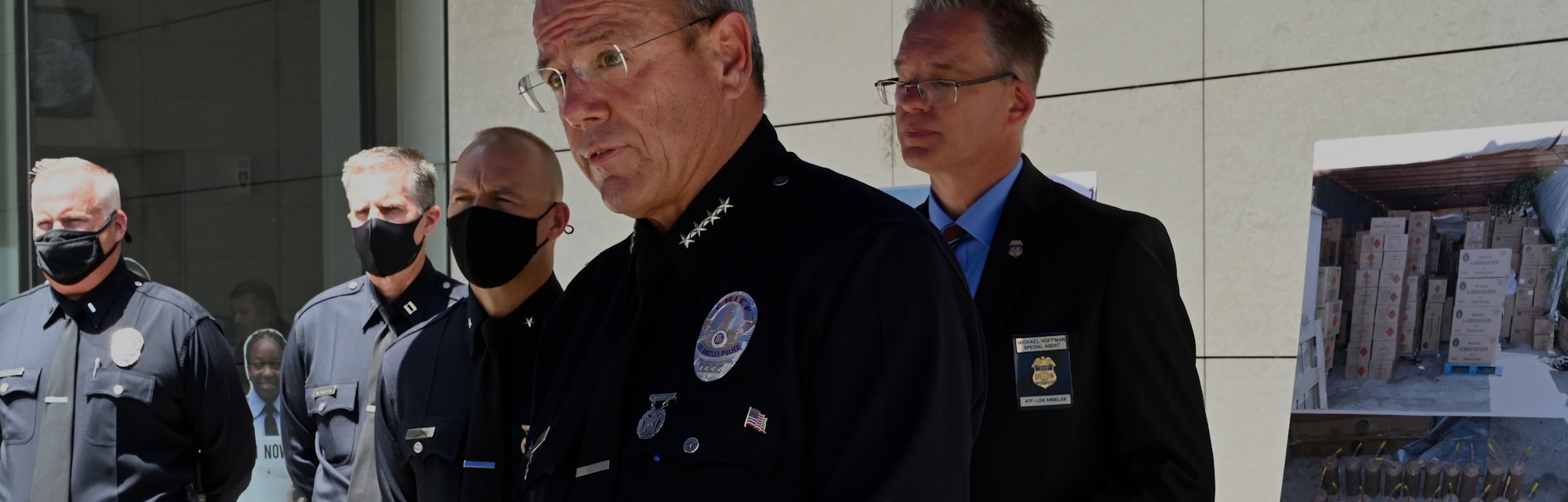LOS ANGELES, CA - JULY 19: LAPD Chief Michel Moore gives an update into the June 30 fireworks blast ...