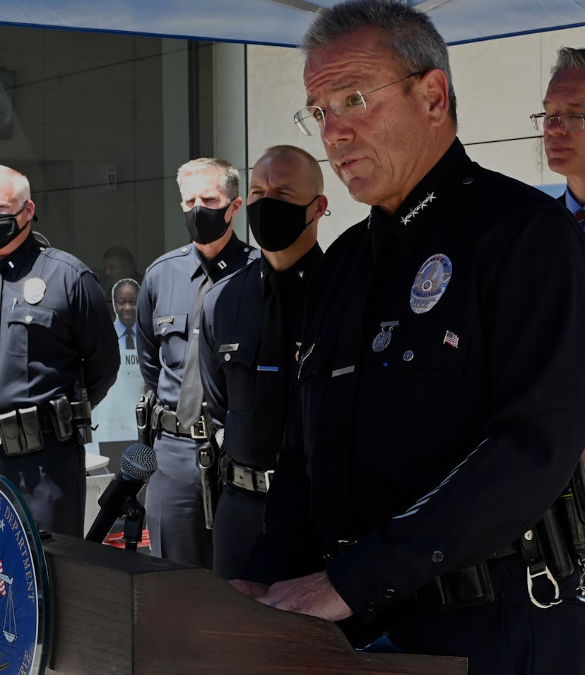 LOS ANGELES, CA - JULY 19: LAPD Chief Michel Moore gives an update into the June 30 fireworks blast ...