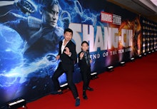 TORONTO, ONTARIO - SEPTEMBER 01: (L-R) Simu Liu and Jayden Zhang attend the Toronto Premiere of 'Sha...