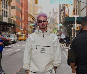 NEW YORK, NEW YORK - JUNE 04: J Balvin, with purple hair, is seen in Manhattan on June 04, 2021 in N...
