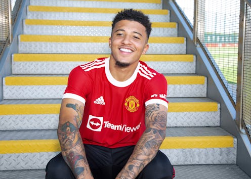 MANCHESTER, ENGLAND - JULY 23: New signing Jadon Sancho of Manchester United is unveiled at Carri...