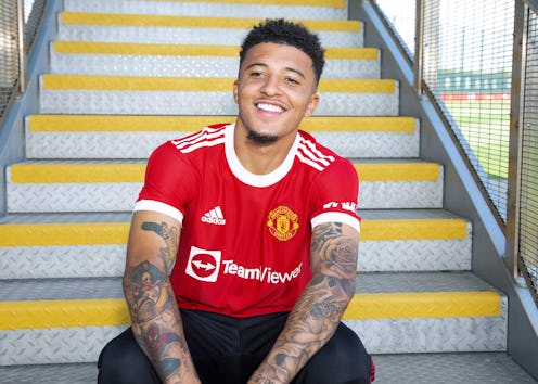 MANCHESTER, ENGLAND - JULY 23:   New signing  Jadon Sancho of Manchester United is unveiled at Carri...