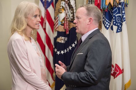 White House spokesman Sean Spicer speaks with Kellyanne Conway, Counselor to US President Donald Tru...