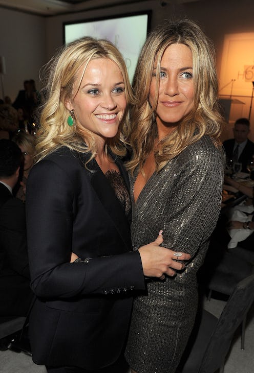 LOS ANGELES, CA - OCTOBER 17: Actresses Reese Witherspoon (L) and Jennifer Aniston attend ELLE's 18...