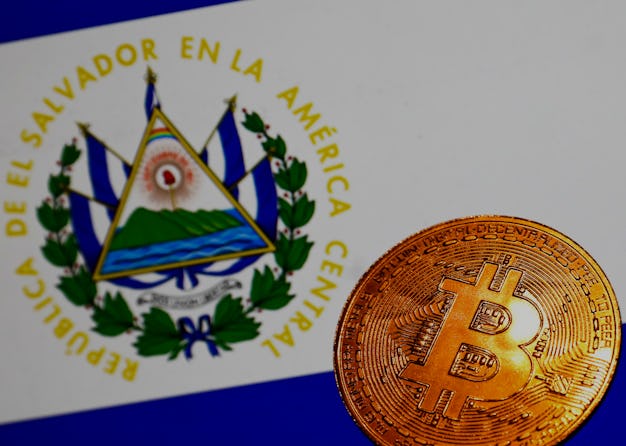 Representation of Bitcoin cryptocurrency and El Salvador flag displayed on a laptop screen are seen ...