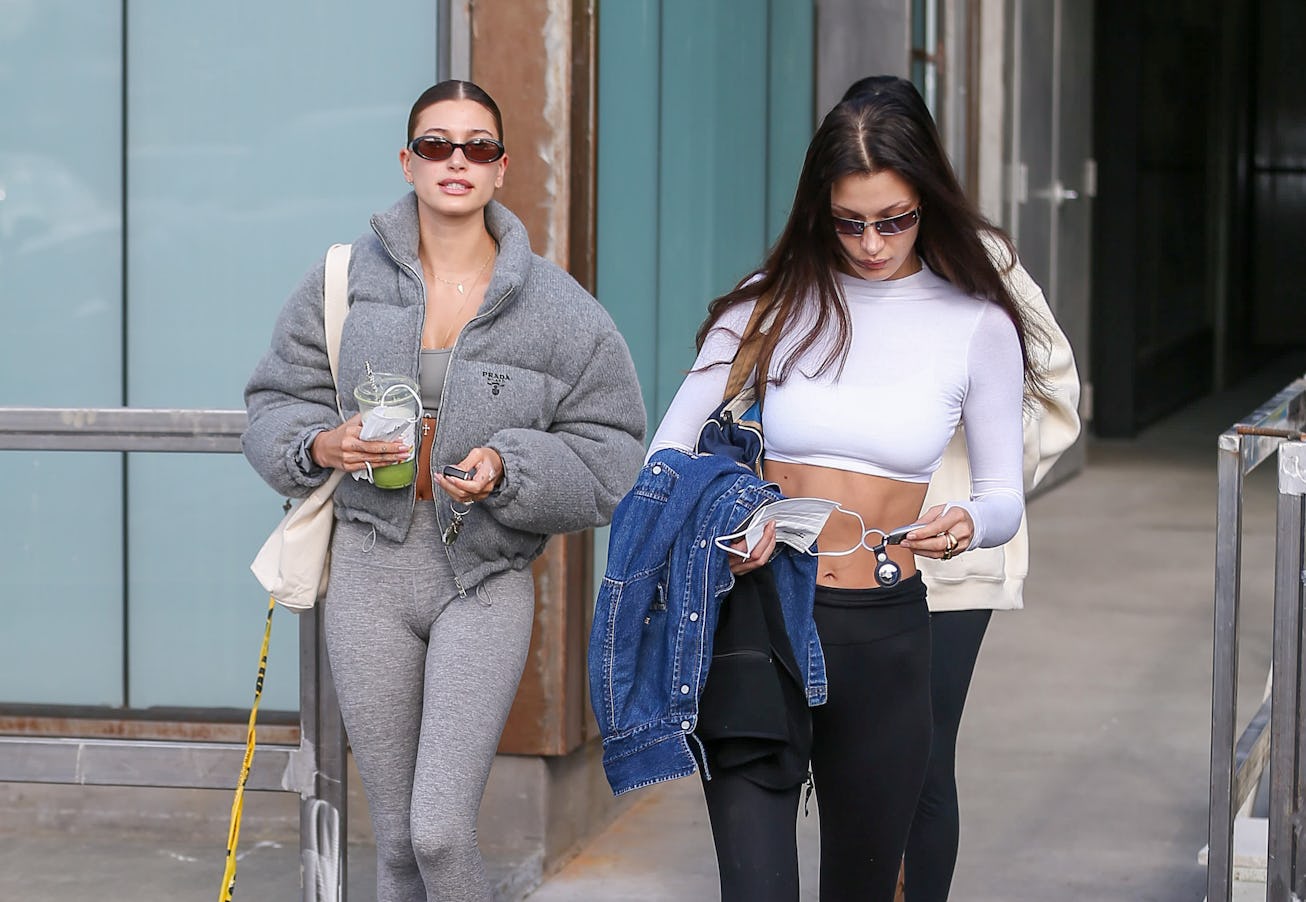 LOS ANGELES, CA - JANUARY 08: Hailey Bieber and Bella Hadid are seen on January 08, 2022 in Los Ange...
