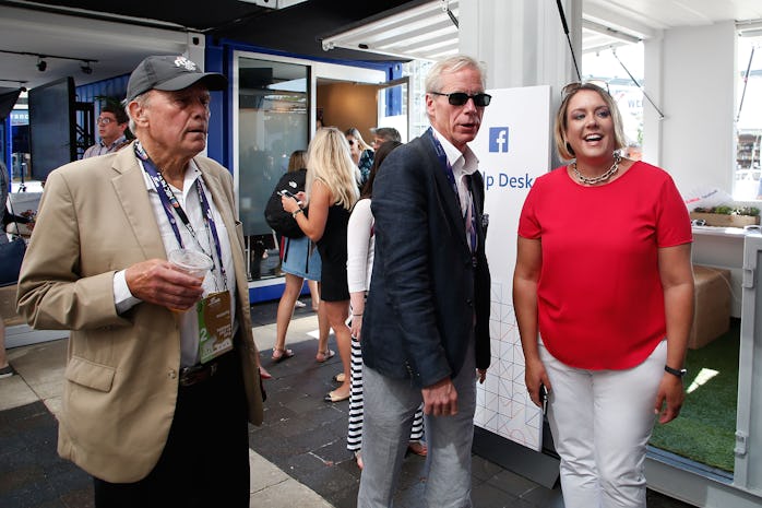 CLEVELAND, OH - JULY 19: Tom Brokaw and Tim Uehlinger speak with Katie Harbath at Facebook Central a...