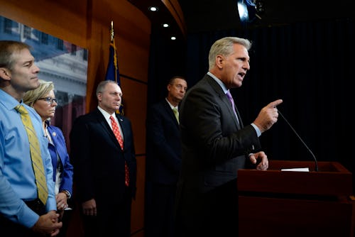 UNITED STATES - SEPTEMBER 25: House Minority Leader Kevin McCarthy, R-Calif., speaks during a press...