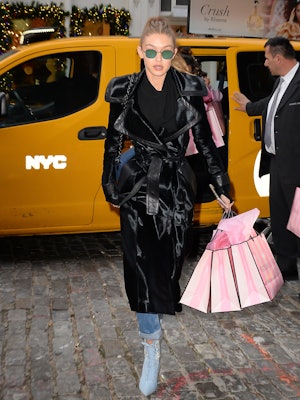 NEW YORK, NY - DECEMBER 08:  Model GiGi Hadid is seen walking in Soho with Victoria Secret Bags on D...