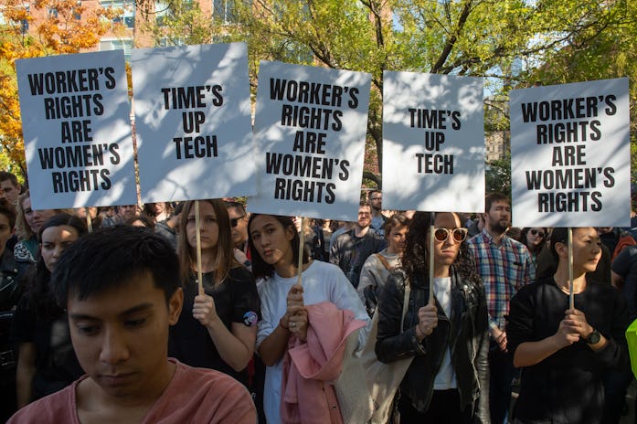 Google employees stage a walkout on November 1, 2018, in New York, over sexual harassment. - A Googl...