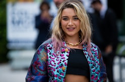 PARIS, FRANCE - JULY 05: Florence Pugh is seen wearing cropped top, jacket, skirt and bag outside Lo...