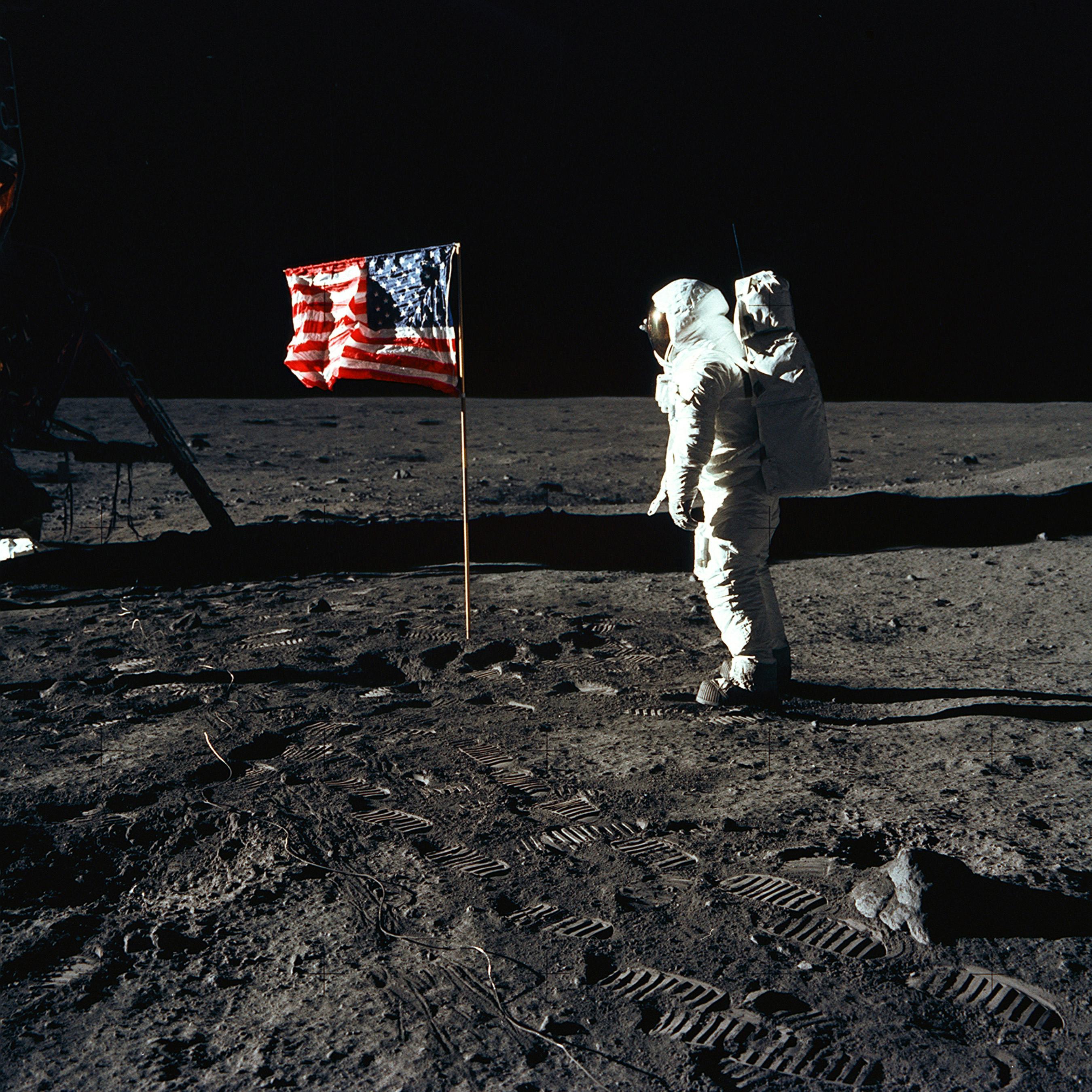 Buzz Aldrin and the U.S. Flag on the Moon, 1969. Astronaut Buzz Aldrin, lunar module pilot of the fi...
