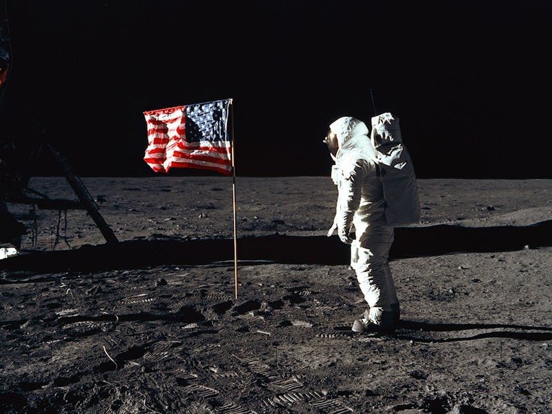 Buzz Aldrin and the U.S. Flag on the Moon, 1969. Astronaut Buzz Aldrin, lunar module pilot of the fi...
