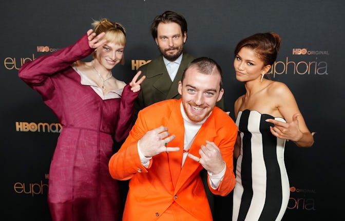 LOS ANGELES, CALIFORNIA - JANUARY 05: (L-R) Hunter Schafer, Sam Levinson, Angus Cloud, and Zendaya a...