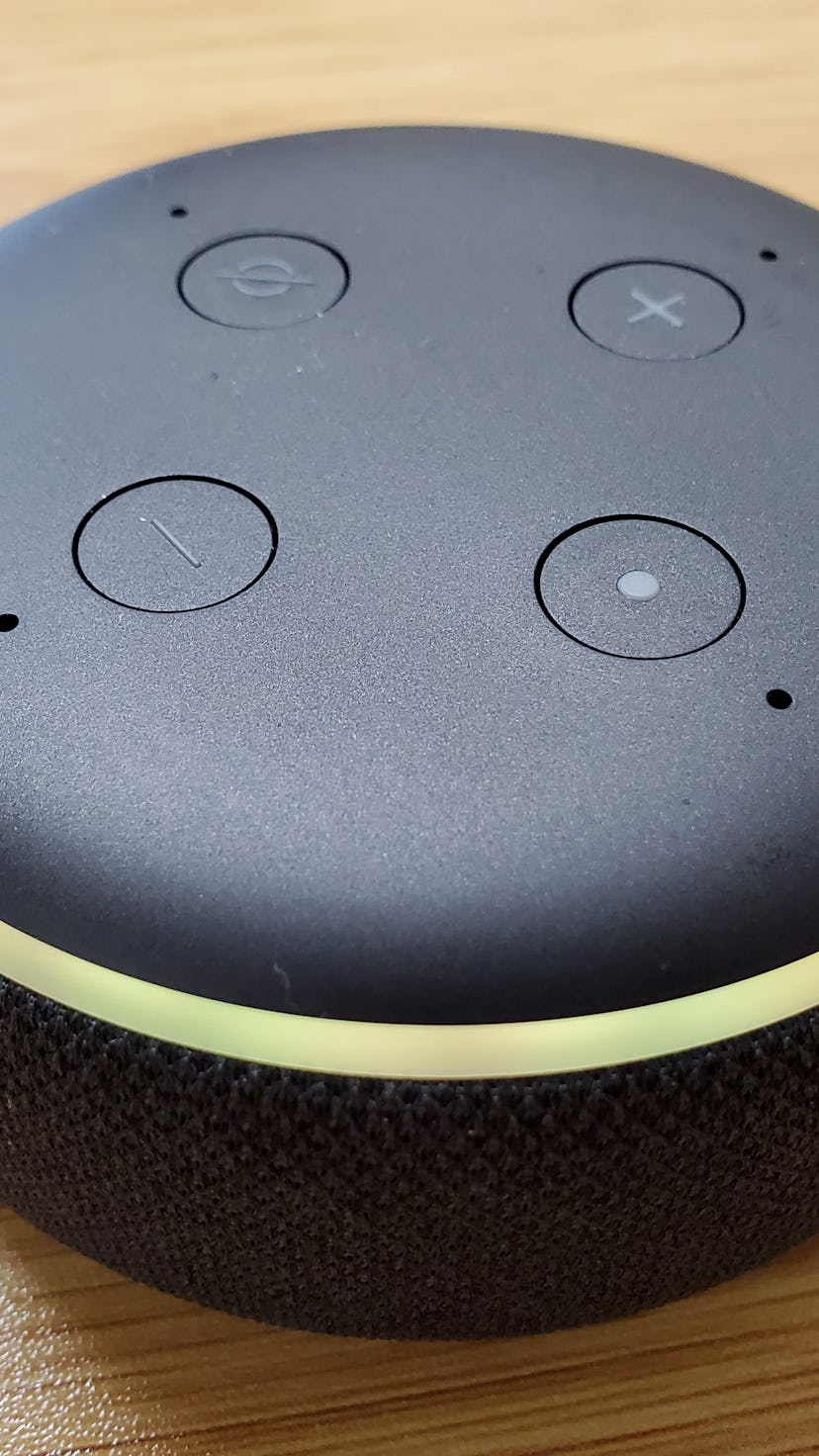 Amazon Echo Dot third generation smart speaker on light wooden background, Lafayette, California, De...