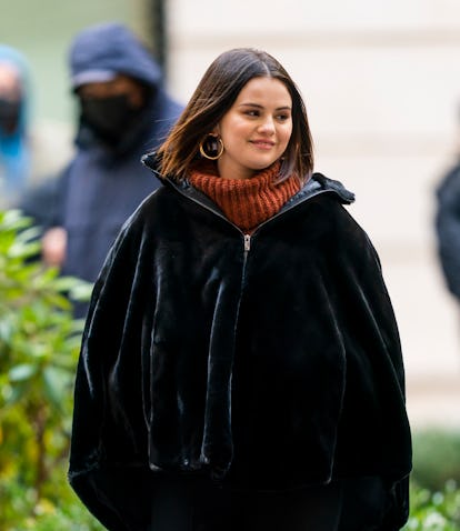 NEW YORK, NEW YORK - DECEMBER 07: Selena Gomez is seen filming "Only Murders in the Building" season...