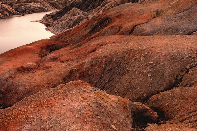 Ural apocalyptic surreal unusual landscape, similar to the surface of the planet Mars. The frozen re...