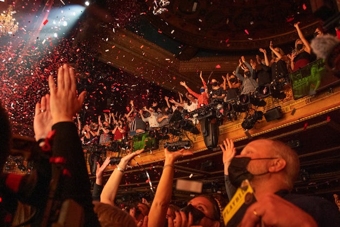 NEW YORK, NEW YORK - SEPTEMBER 24: Audience members cheer and applaud during "Moulin Rouge!" at Al H...