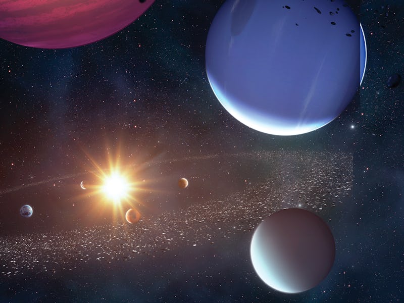 Illustration of a Jupiter-mass rogue exoplanet entering our Solar System (top left), created on Apri...
