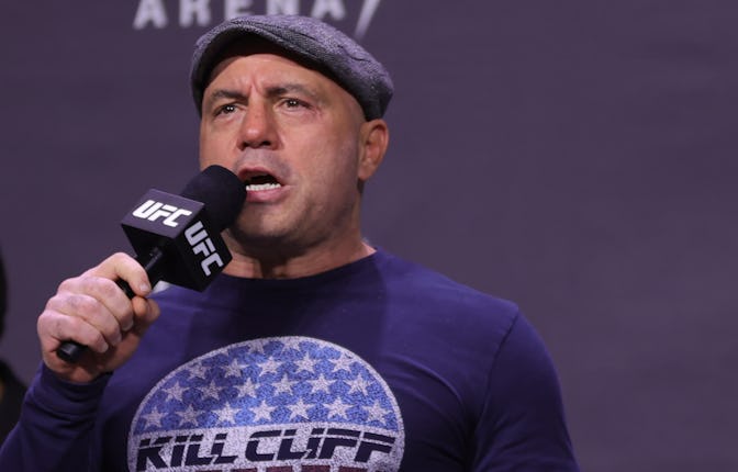 LAS VEGAS, NEVADA - DECEMBER 10: Joe Rogan introduces fighters during the UFC 269 ceremonial weigh-i...