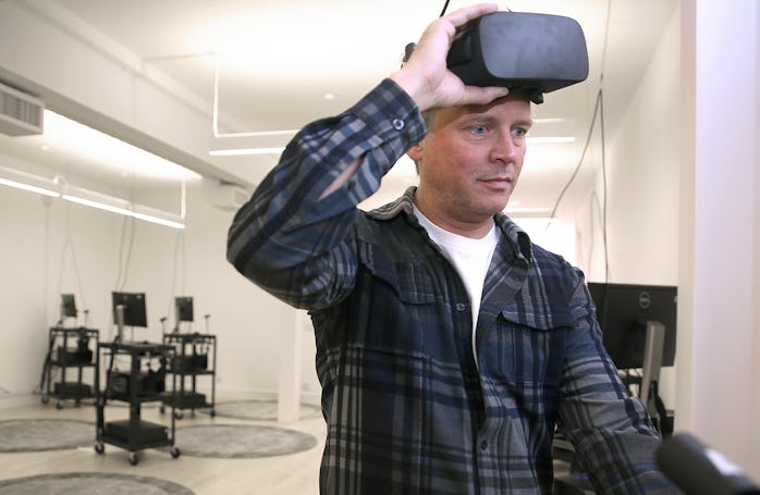 CEO Philip Rosedale (left) shows the High Fidelity lab which has 20 Virtual Reality stations on Thur...