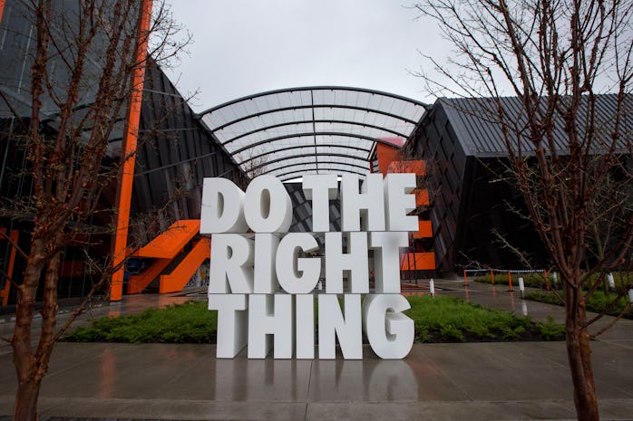 BEAVERTON, OR - MARCH 22:  A giant sculpture reads "Do the right thing," at the Nike headquarters on...