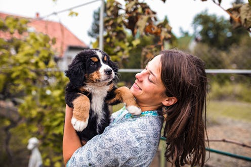 Young woman in animal shelter with little puppy