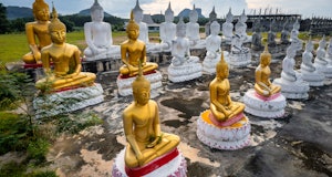 Aerial Drone View of Archaeological sites and Buddha images in Buddhism, Thung Yai District, Nakhon ...