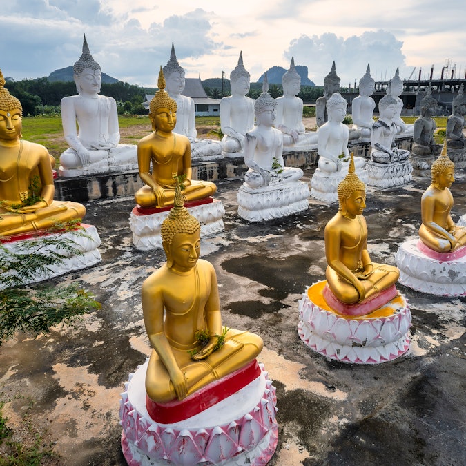 Aerial Drone View of Archaeological sites and Buddha images in Buddhism, Thung Yai District, Nakhon ...
