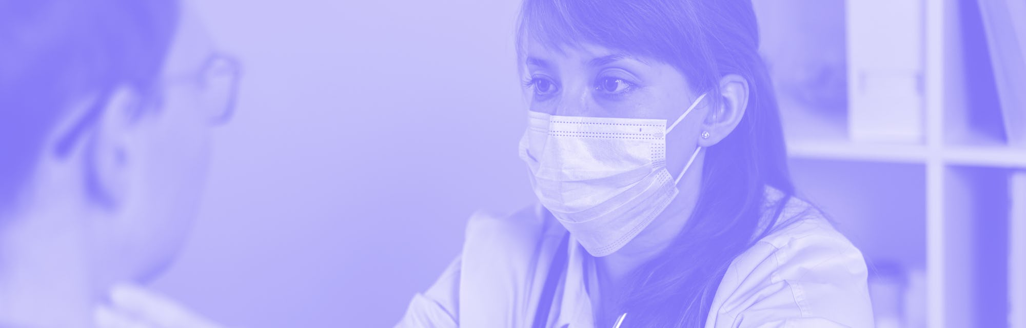 Female doctor in protective face mask checking up faceless male patient throat. Examing glands at cl...
