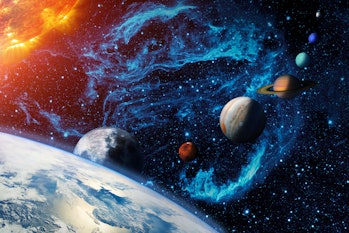 Digital illustration of the Solar system. Sun, Earth and planetary Moon, Mars, Jupiter, Saturn, Uran...