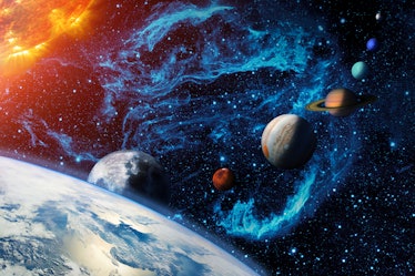 Digital illustration of the Solar system. Sun, Earth and planetary Moon, Mars, Jupiter, Saturn, Uran...