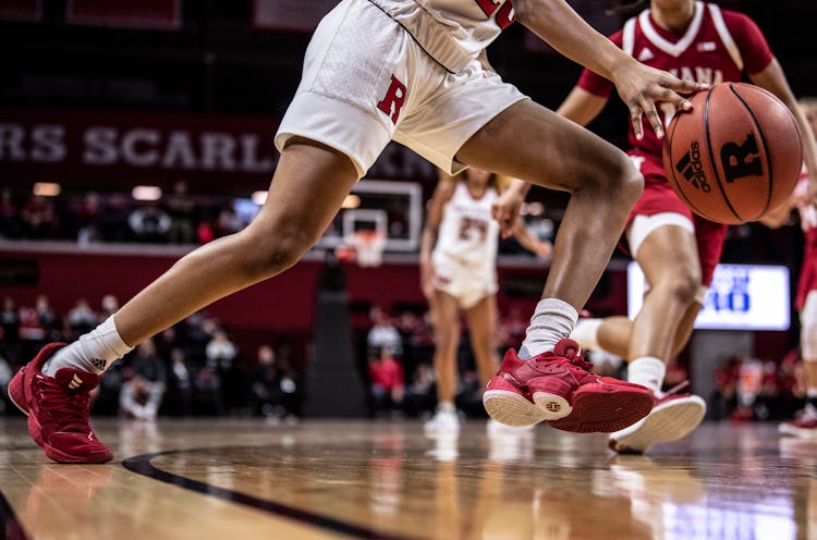 PISCATAWAY, NJ - DECEMBER 31: A detailed view Adidas shoes and a basketball during a game at Rutgers...