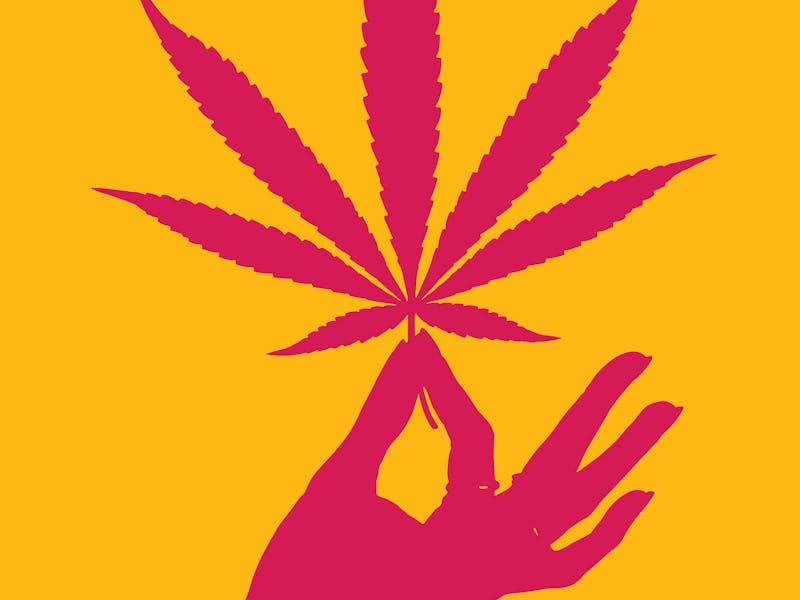 Vector line art of a female Hand holding cannabis leaf