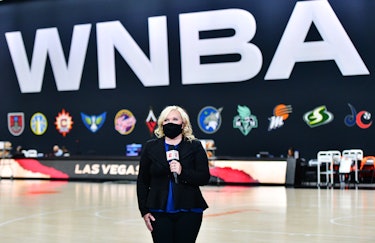 PALMETTO, FLORIDA - SEPTEMBER 22: Holly Rowe of ESPN reports on camera before Game 2 of the Third Ro...