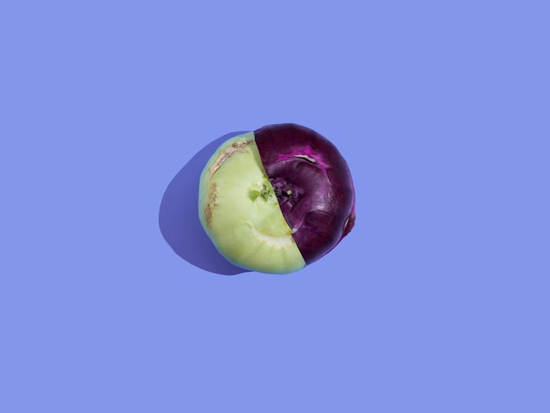 A half of a red onion and a half of an ordinary onion lined up against each other