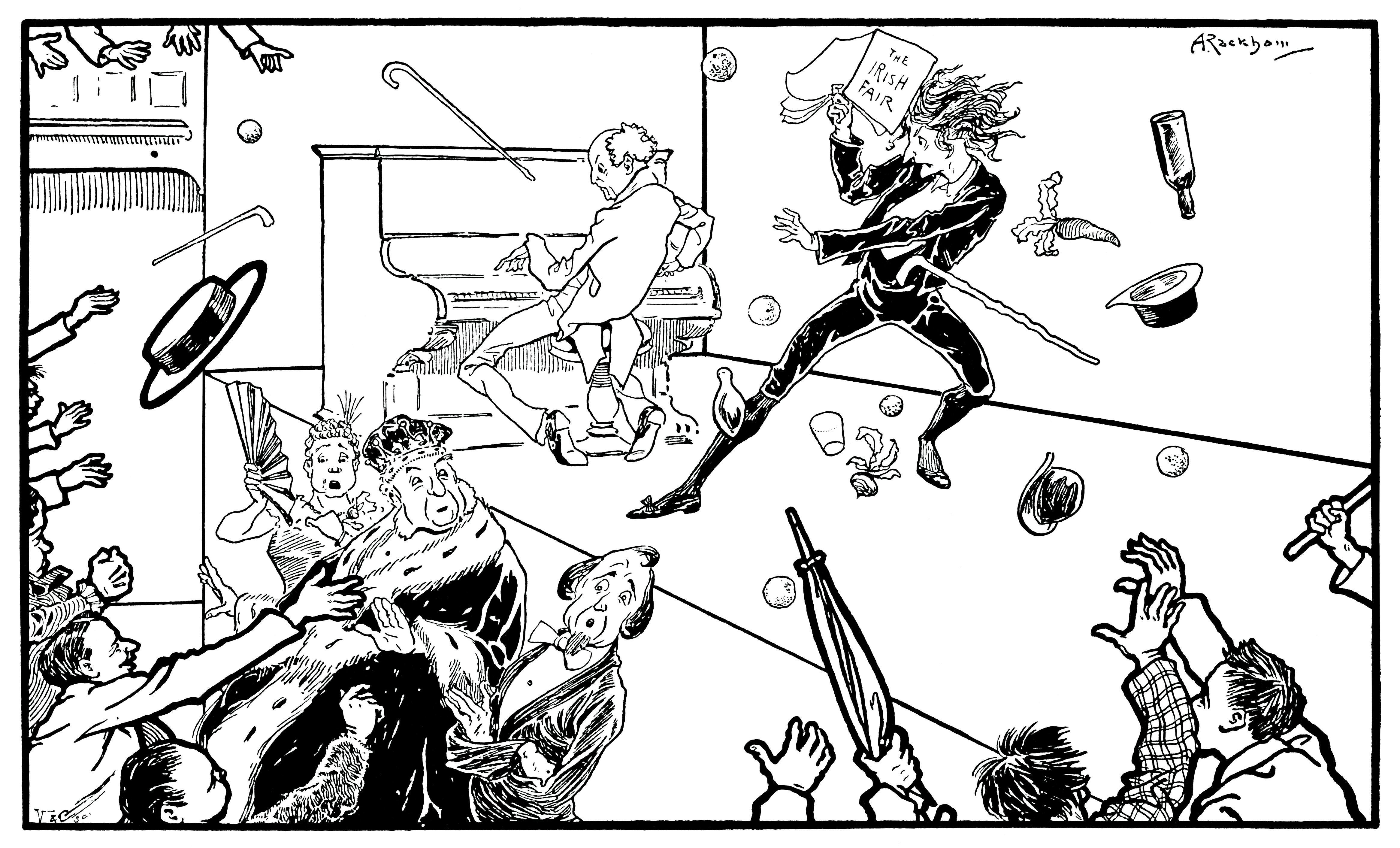 A hostile audience throwing a selection of fruit, bottles, hats and other missiles at an unfortunate...