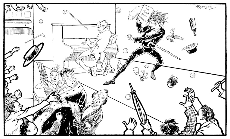 A hostile audience throwing a selection of fruit, bottles, hats and other missiles at an unfortunate...