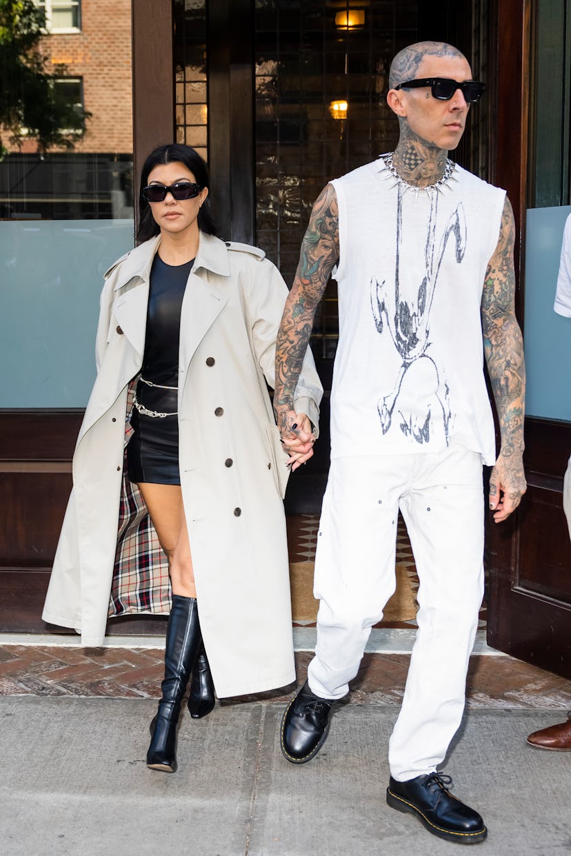 NEW YORK, NEW YORK - OCTOBER 15: Kourtney Kardashian (L) and Travis Barker are seen in Tribeca on Oc...