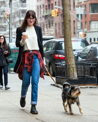 NEW YORK, NY - APRIL 10:  Dakota Johnson is seen walking her dog Zeppelin on April 10, 2015 in New Y...