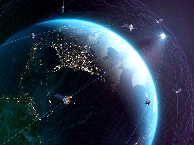 Global satellite communications. Conceptual representation of a global network of communications sat...