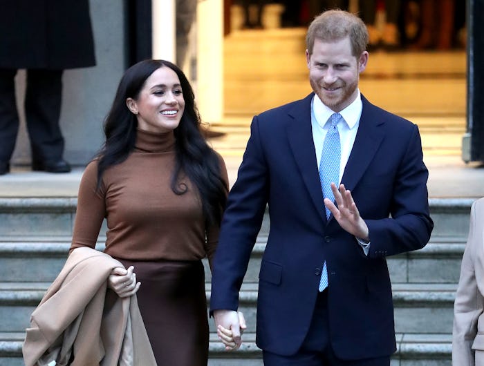 LONDON, ENGLAND - JANUARY 07: Prince Harry, Duke of Sussex and Meghan, Duchess of Sussex depart Cana...