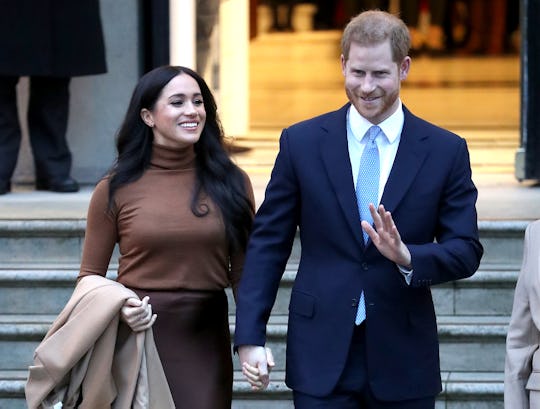 LONDON, ENGLAND - JANUARY 07: Prince Harry, Duke of Sussex and Meghan, Duchess of Sussex depart Cana...