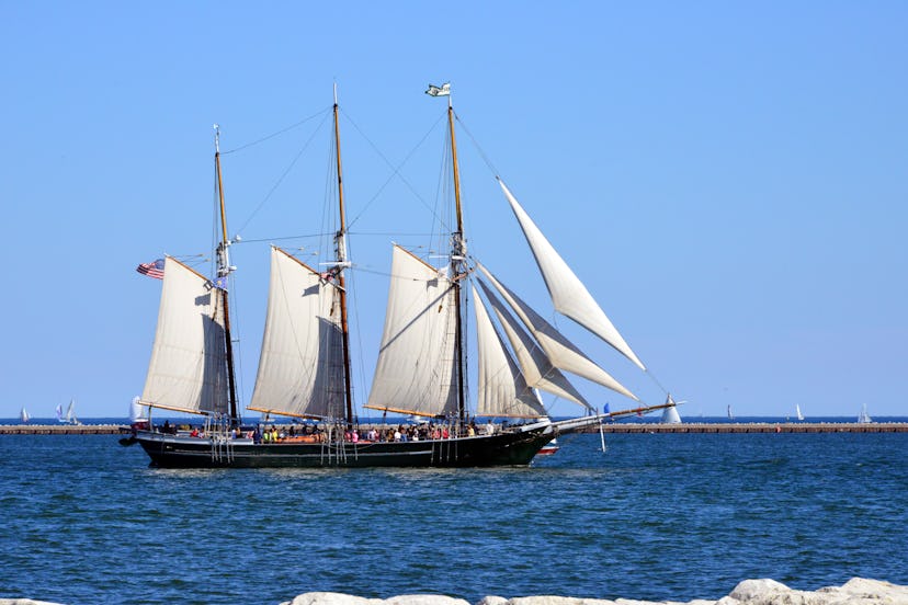 Milwaukee, Wisconsin, USA: Schooner Denis Sullivan, an educational tall ship, Lake Michigan under pa...