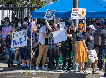 Irvine, CA - July 28: Several hundred Activision Blizzard employees stage a walkout which they say i...