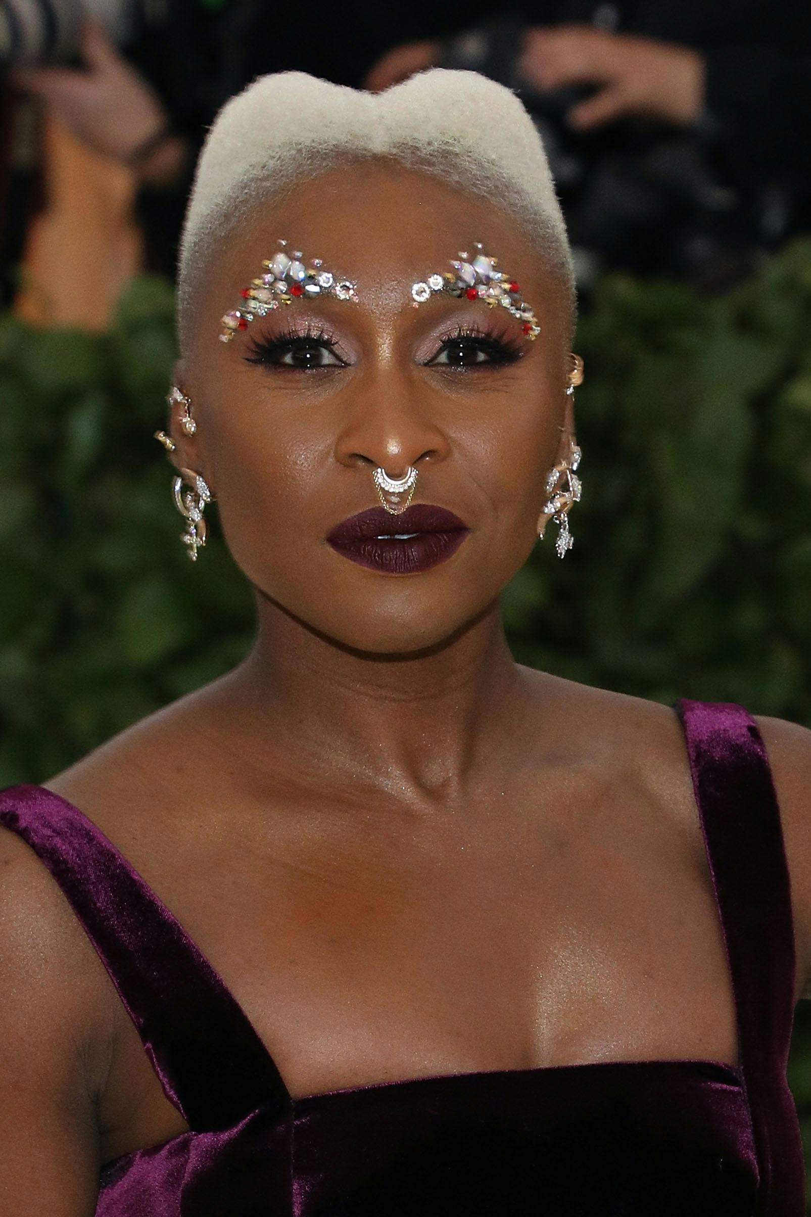 Cynthia Erivo at the 2018 Met Gala wearing jewels on her eyebrows.