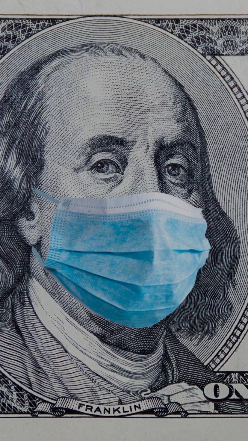 Coronavirus Wuhan. US quarantine, 100 dollar banknote with medical mask. The concept of epidemic and...