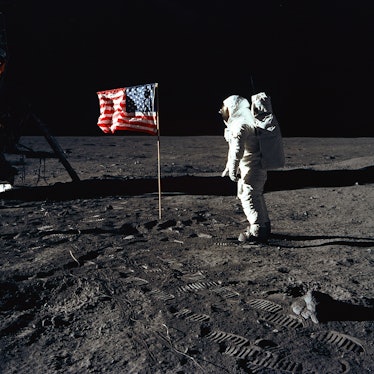 Buzz Aldrin and the U.S. Flag on the Moon, 1969. Astronaut Buzz Aldrin, lunar module pilot of the fi...
