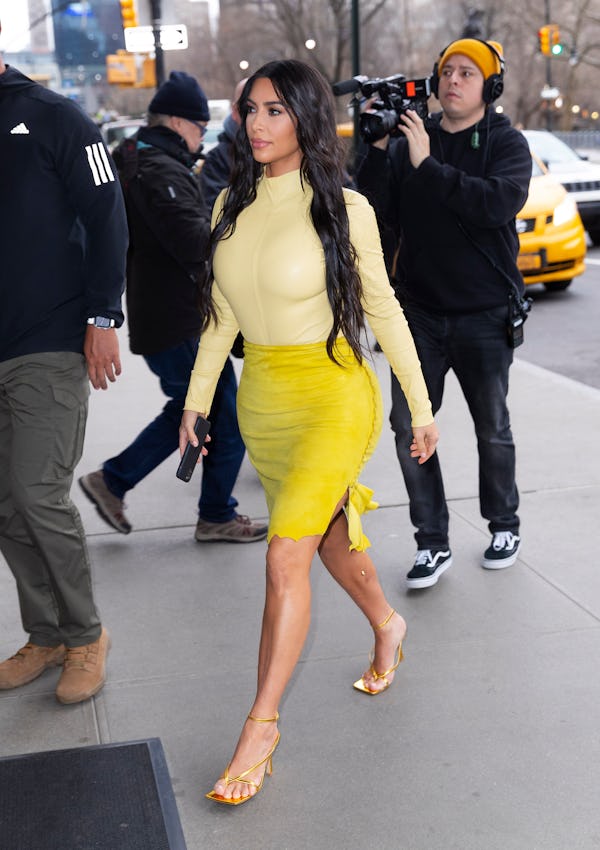NEW YORK, NEW YORK - FEBRUARY 05: Kim Kardashian wears yellow on February 05, 2020 in New York City....